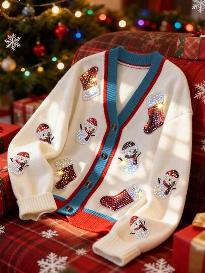 Franclia Cárdigan de punto con cuello en V de manga larga con muñeco de nieve y calcetines navideños, cárdigan de bloques de color con lentejuelas y brillo para otoño/invierno, blusa casual de Navidad para mujer