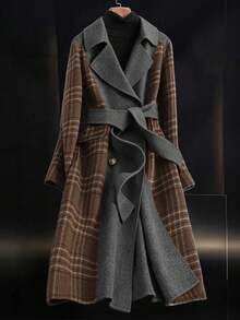 GlowEve 女士秋冬翻领拼接格纹长袖系带羊毛大衣 - 彩色 - 查看 5