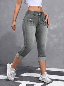 SHEIN ICON 女士休闲水洗低腰修身牛仔裤 - 淺灰色 - 查看 1