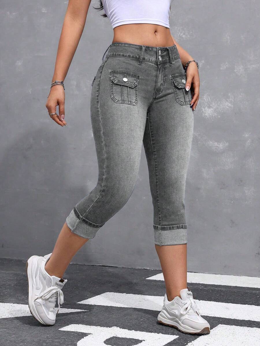 SHEIN ICON 女士休闲水洗低腰修身牛仔裤 - 淺灰色 - 查看 1