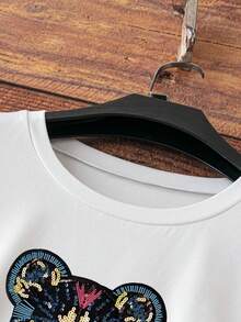 INAWLY Của phụ nữ Mùa hè Đồ họa sư tử in hoa Vòng cổ Ngắn tay Giải trí Áo thun Với Kim sa - trắng - Xem 3