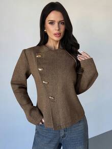 Firerie Women's Elegant Refined Casual Daily Commute New Street Fashion Urban Chic Oblique Placket Metal Button Waist Cinched Long Sleeve Double-Faced Coat, Autumn/Winter - Brown - View 2