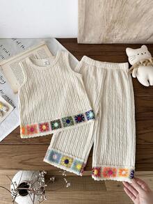 SHEIN 2件套女婴休闲时尚度假风无袖上衣和裤子套装，适合春夏季节、居家、度假、海滩、派对、日常穿着 - 杏色 - 查看 5