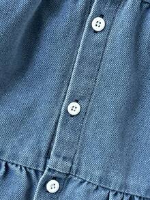 SHEIN 女婴蓝色优雅彼得潘领长袖牛仔连衣裙，适合春秋季外出、拍照、日常穿着和上学穿着。 - 藍色 - 查看 5