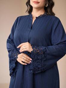 Veilorie Plus Size Women's Solid Color V-Neck Long Sleeve Elegant Lace Patchwork Arabic Style Set