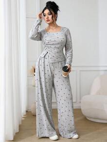 Feyla Plus Size Square Neck Long Sleeve Ruched Asymmetrical Hem Casual Comfortable 2 Pieces Set - Rust Brown - View 5