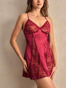 Charlaine Damen Kontrast Spitze Sexy Mode Trägerhemd Nachthemd - Rot - Übersicht 6