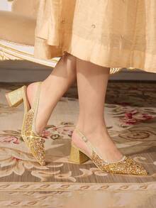 CUCCOO TILAWA Women's Elegant Square Heel Rhinestone Pointed Toe Silver High Heel Pumps, Suitable For Banquet, Party, Wedding And Other Occasions For Christmas - Gold - View 1
