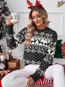 SHEIN LUNE Christmas Reindeer & Snowflake Pattern Dropped Shoulder Knit Sweater For New Year Clothes - Multicolor - View 6
