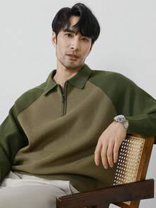 Claim Dot Men's Patchwork Raglan Sleeve Half Zipper Front Casual Sweater, Simple Design, Fall/Winter