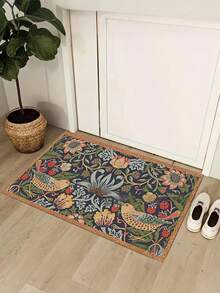 SHEIN Symmetrical Floral And Bird Design Welcome Doormat, Non-Slip Rubber Backed Polyester Floor Mat, Lightweight, Machine Washable, Braided, Decorative Rug With For Home, Bedroom, Kitchen, Hallway, Entryway