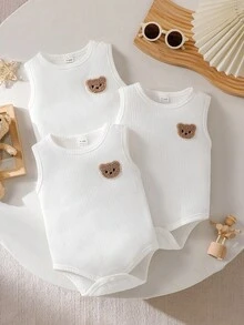SHEIN Vintaside Kids 3pcs/Set Newborn Baby Boy Casual Cute Bear Decor White Bodysuit Outfit, Suitable For Daily Wear, Summer - White - View 4