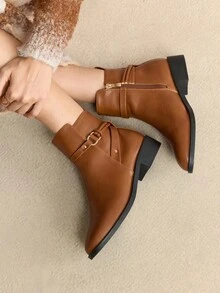 Rosivie 2025 Autumn/Winter New Fashion Snake Skin Pointed Toe Ankle Boots, Chunky Heel Chelsea Boots For Christmas - Brown - View 3