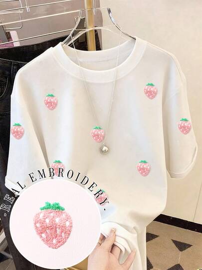 Resyla Women's Fashion Casual Drop Shoulder Round Neck T-Shirt, Strawberry Embroidered T-Shirt, Strawberry Towel Embroidered T-Shirt, Casual Comfortable Outdoor T-Shirt, All Season T-Shirt, Fruit T-Shirt