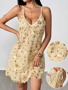 SHEIN Women's Solid Color Sequin Patchwork Party Elegant Slip Dress - Apricot - View 3