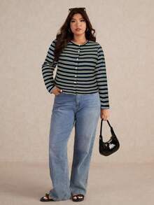 Elaquor Plus Size Striped Crew Neck Long Sleeve Button Front Casual Versatile T-Shirt Spring - Navy Blue - View 4