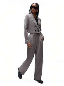 Aveloria Affinna French European Style Classic Striped Lapel Short Blazer Paired With Wide Leg Pants, Elegant Business Women 2 Pieces Set - Multicolor - View 4