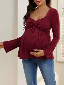 SHEIN Women V-Neck Ribbed Twist Front Maternity Long Sleeve Top, Autumn/Winter
