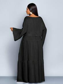 SOLERSUN Bộ đồ hai mảnh vải lanh trơn màu đơn giản, dáng rộng, tay dài và chân váy xếp ly cỡ lớn dành cho nữ - màu đen - Xem 2