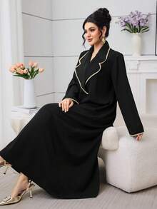 Al Najma 女士传统领针织连衣裙，优雅日常阿拉伯风格，秋冬款 - 黑色 - 查看 1