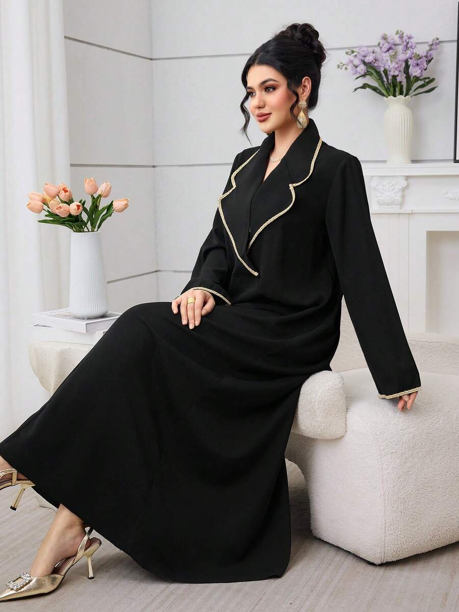 Al Najma 女士传统领针织连衣裙，优雅日常阿拉伯风格，秋冬款 - 黑色 - 查看 1