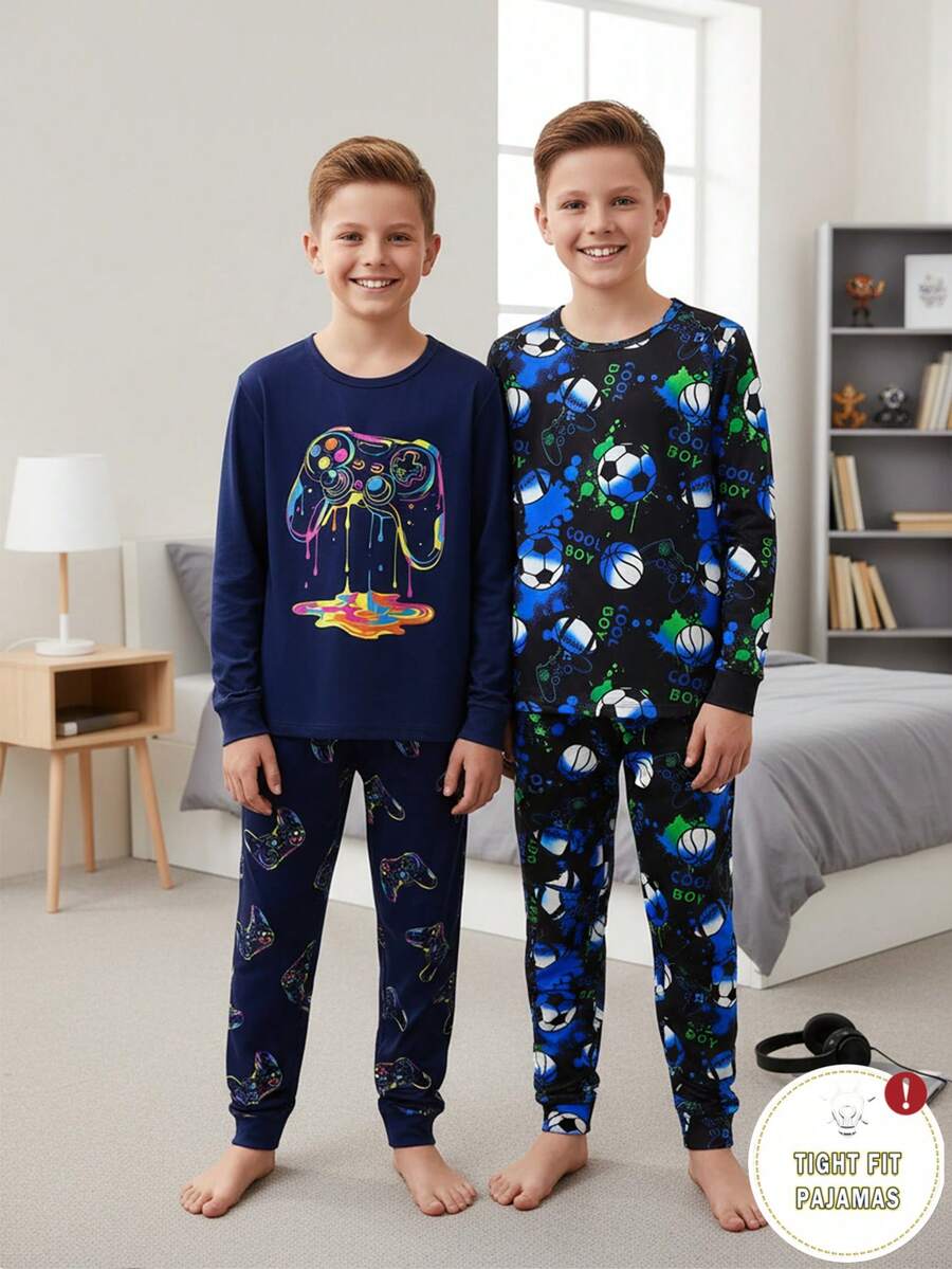 4pcs/Set Tween Boys' Graphic Game Controller PrintSnug Fit Casual Homewear Set, Black & Blue, Spring/Autumn - Multicolor - View 1