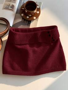 Comfortcana Women's Solid Color Knitted Ribbed Casual Versatile Sweater Skirt, Korean Style In Fall/Winter Women Skirts Red Maroon Skirt Burgundy Skirt Knit Skirt Women Skorts - Burgundy - View 3