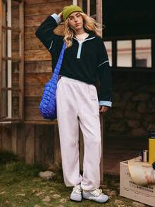 Medorelle 女士秋冬时尚短款半拉链撞色立领卫衣，宽松套头衫，女士越野骑行服，户外运动登山卫衣，新年户外，圣诞节户外。 - 黑色 - 查看 7