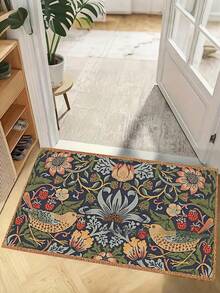 SHEIN Symmetrical Floral And Bird Design Welcome Doormat, Non-Slip Rubber Backed Polyester Floor Mat, Lightweight, Machine Washable, Braided, Decorative Rug With For Home, Bedroom, Kitchen, Hallway, Entryway