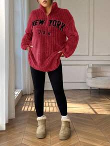 SHEIN EZwear 2pcs/Set Casual Letter Print Zip-Up Fleece Hoodie And Fitted Yoga Pants, Versatile Plus Size, Autumn/Winter  Christmas Clothes New Year Clothes Work From Home Outfit Comfy Outfits Women New York Outfits Women - Burgundy - View 1