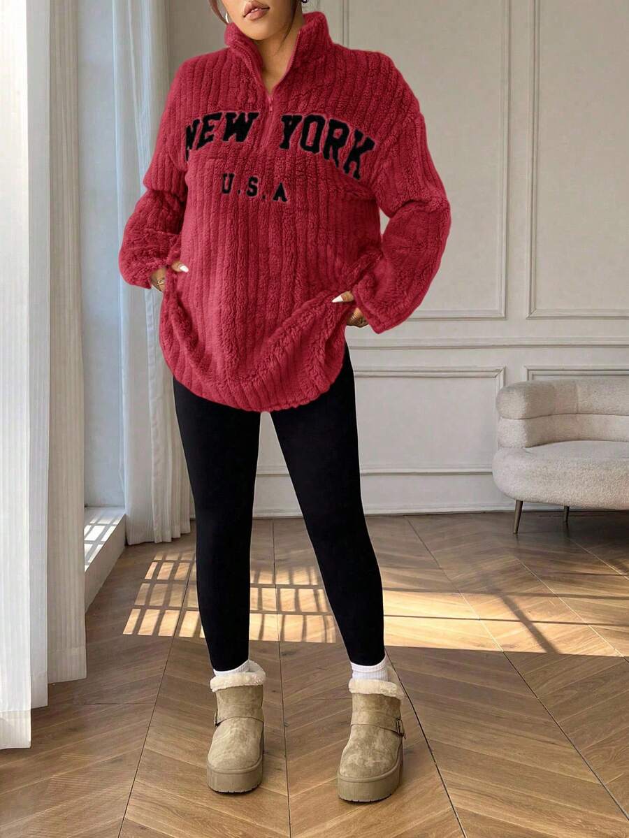 SHEIN EZwear 2pcs/Set Casual Letter Print Zip-Up Fleece Hoodie And Fitted Yoga Pants, Versatile Plus Size, Autumn/Winter  Christmas Clothes New Year Clothes Work From Home Outfit Comfy Outfits Women New York Outfits Women - Burgundy - View 1