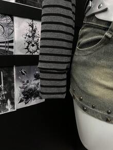 EgrlEra 女士时尚条纹印花拉链连帽长袖卫衣 - 深灰色 - 查看 5