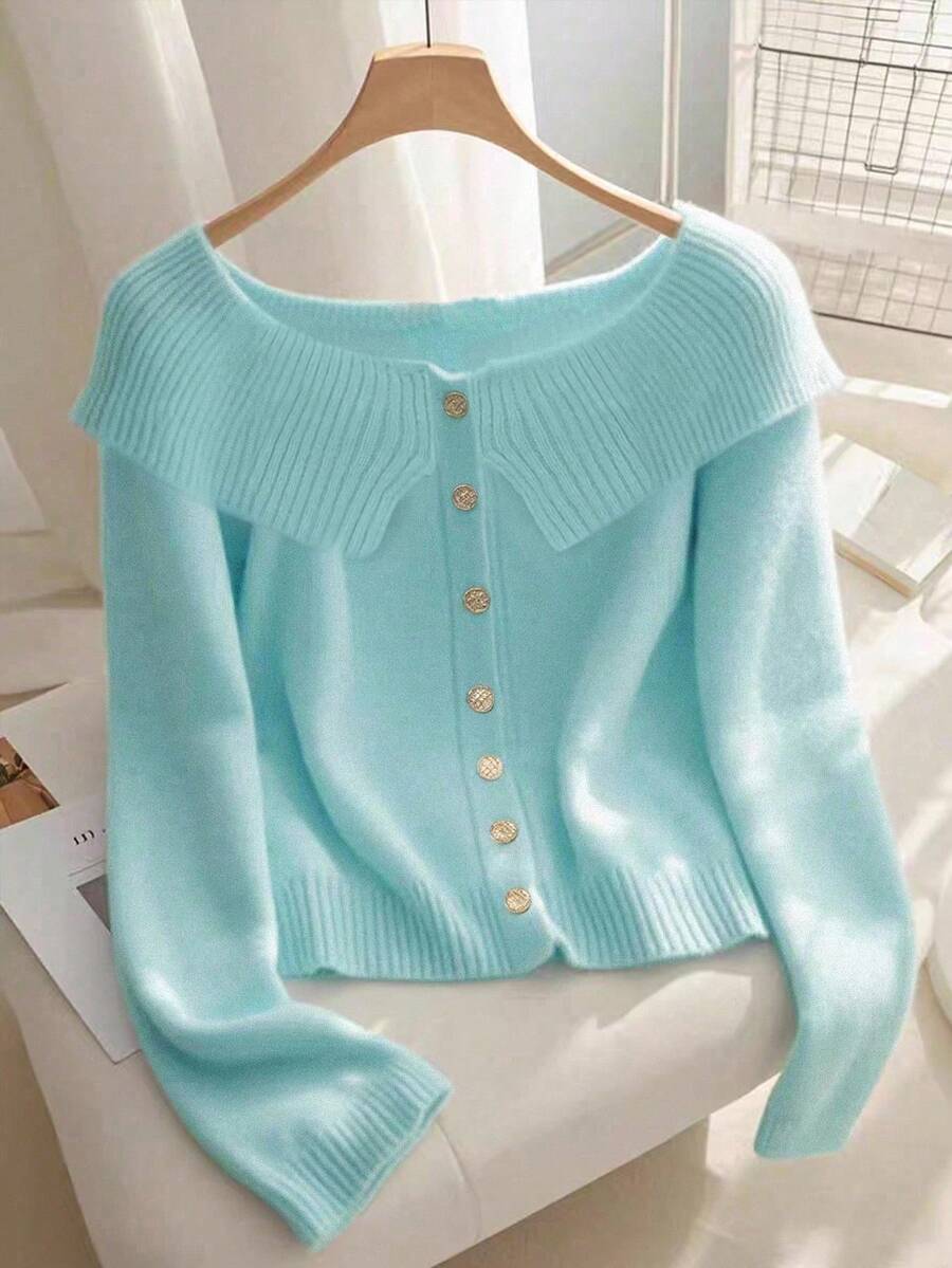 Franclia Suéter de punto con botones decorativos de unicolor, versátil y casual para otoño e invierno - Azul - Ver 1