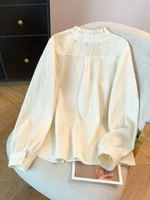 GlowEve CURVE Plus Size Women Elegant Solid Color Jacquard Lace Patchwork V-Neck Long Sleeve Button-Up Shirt, Suitable For Commute And Everyday Wear - Apricot - View 2