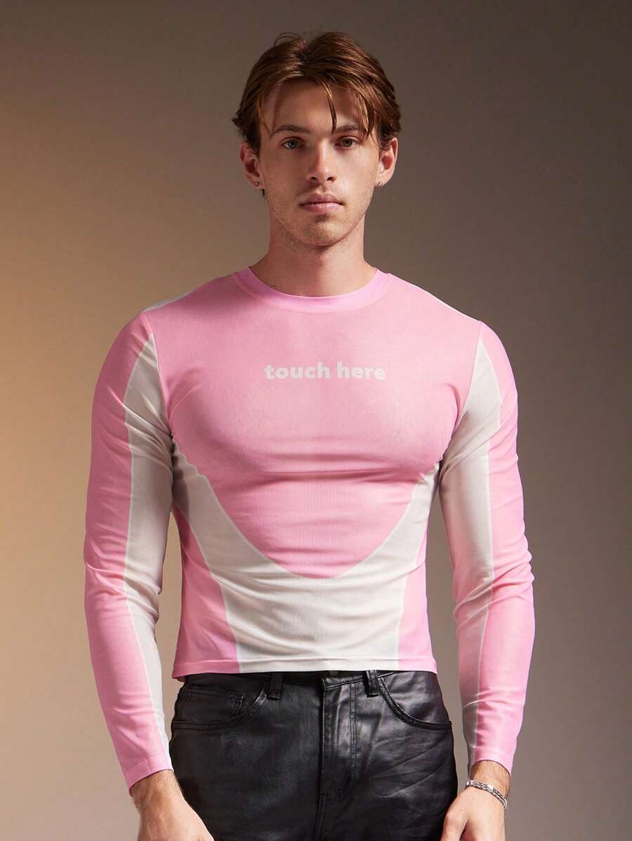 FeverCity 男士撞色字母印花圆领休闲修身长袖T恤 - 彩色 - 查看 1