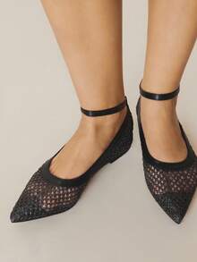 Zapatos casuales de mujer con punta puntiaguda, de tela tejida, color marrón café, cómodos para uso diario, fiestas, playa, con diseño de cordones - Negro - Ver 1