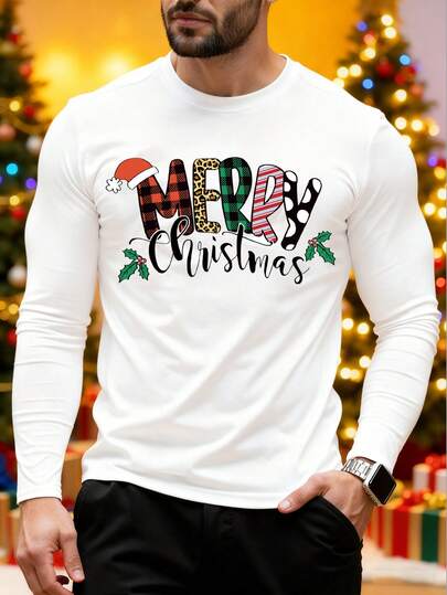 Manfinity Homme Christmas Santa Claus T-Shirt, 100% Polyester, Casual White Crew Neck Long Sleeve T-Shirt, Machine Washable, Suitable For Men's Christmas Casual Wear, Family Christmas, Christmas Party, Christmas Casual Style, Hand-Painted Christmas Pattern T-Shirt, Couple Matching