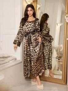 LuxeNights 女士豹纹仿丝吊带睡袍套装，秋冬服装 - 黑色 - 查看 5