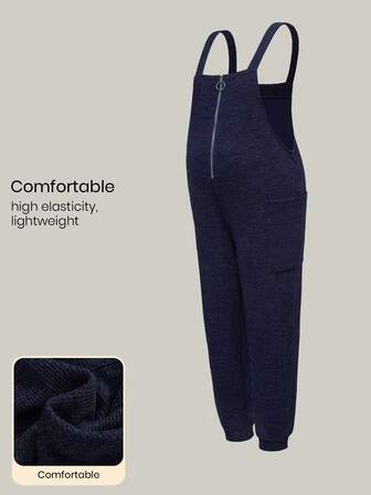 Modmama Maternity Solid Color Zipper Front Casual Bib Jumpsuit Maternity Overalls Women Navy Blue Jumpsuit Women Maternity Jumpsuits For Women Maternity Clothes Pregnancy Pants