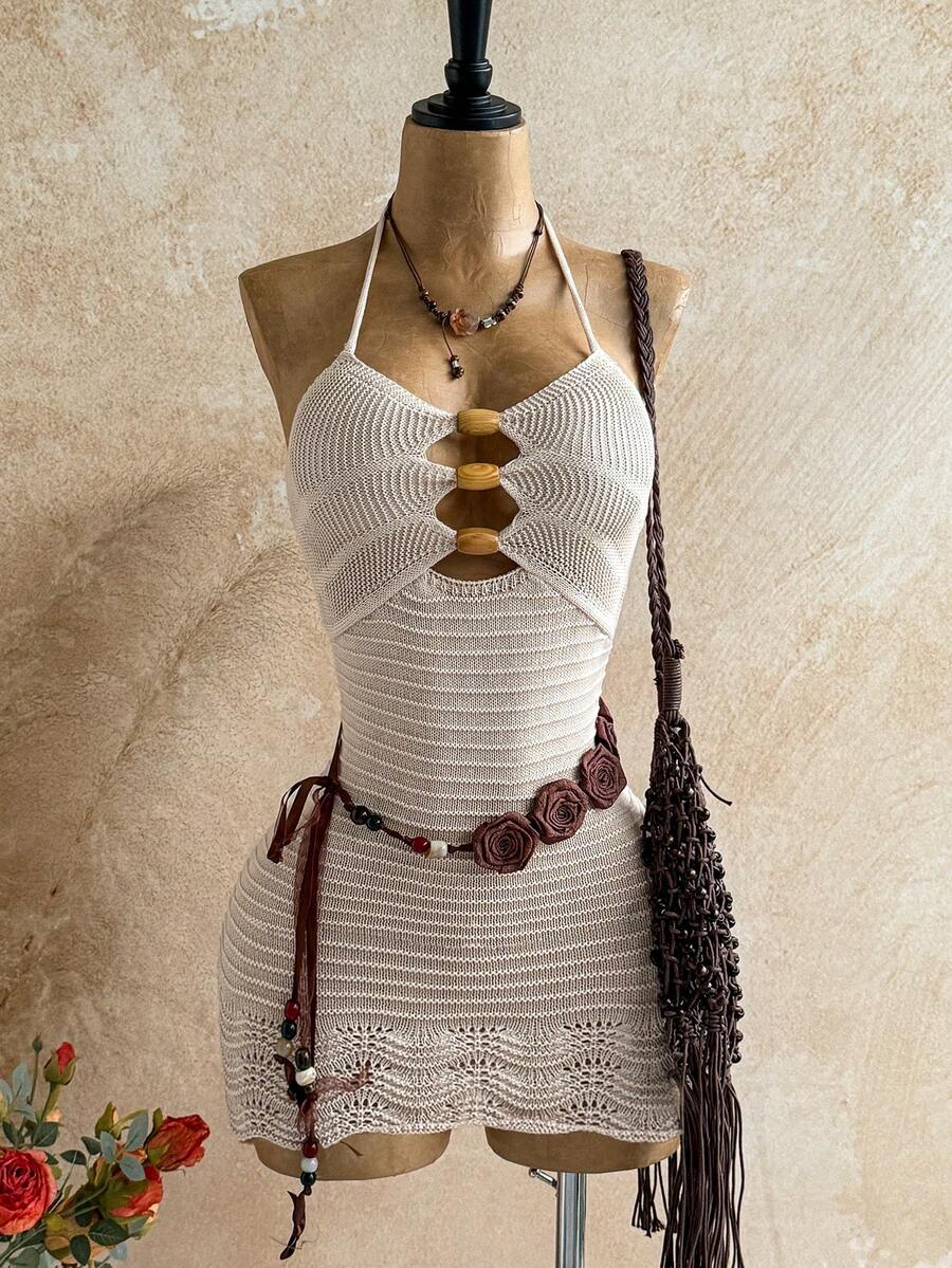 Soleia 性感镂空木珠装饰细肩带无袖针织连衣裙，适合度假、节日、派对、游轮、海滩、音乐节、波西米亚风格 - 米色 - 查看 1