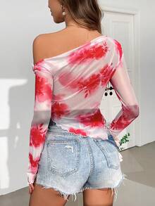 Firerie 女士不对称下摆单肩春夏 T 恤 - 玫紅色 - 查看 2