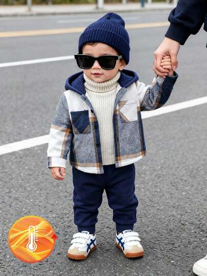 SHEIN 男婴休闲格子连帽衬衫外套和纯色裤子两件套，时尚格子图案设计，舒适贴身，适合外出、度假、聚会等场合，适合3个月至3岁宝宝。