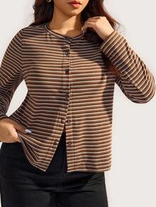 Elaquor Kaos Wanita Bergaris Kasual Lengan Panjang Longgar Kancing Depan Ukuran Besar Musim Gugur - Coffee Brown - View 5