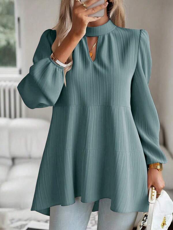 SHEIN Clasi Keyhole Neckline Bishop Sleeve Peplum Blouse Peplum Top