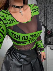 Whyspr 大码时尚性感透视网纱字母印花衬衫 - 綠色 - 查看 5