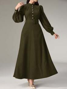 Heiryn 女士优雅通勤纯色灯笼袖长连衣裙 - 綠色 - 查看 6