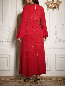 Flirla Plus Size Women's Solid Color Elastic Knit High Collar Cinched Waist With Hollow Metal Buckle Decor Bodycon Maxi Dress With Slit Hem, Chocolate Brown, Elegant Vintage French Street Style, Versatile, Suitable For Halloween, Christmas, Thanksgiving, Afternoon Tea Party, Semi-Formal Occasions, Autumn/Winter - Red - View 2