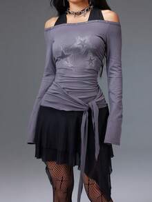 Bloopia Hàn Quốc Thường Ngày Slouchy Cá Nhân Hóa Trẻ Hóa Cho Nữ Thu/Đông Phong Cách Mới Halloween Ngôi Sao Đính Đá Trang Trí 2 Trong 1 Thiết Kế Halter Tie Eo Ôm Vừa Vặn Trễ Vai Hở Vai Tay Dài Cho Nữ Váy Ngắn - Màu xám đen - Xem 6