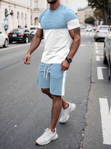 Manfinity Homme Men's Short Sleeve Round Neck Color Block T-Shirt And Shorts Set - Multicolor - View 1