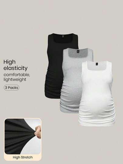Modmama Maternity 3pcs Solid Color Slimming Tank Tops, Casual & Simple, Perfect For Summer White
